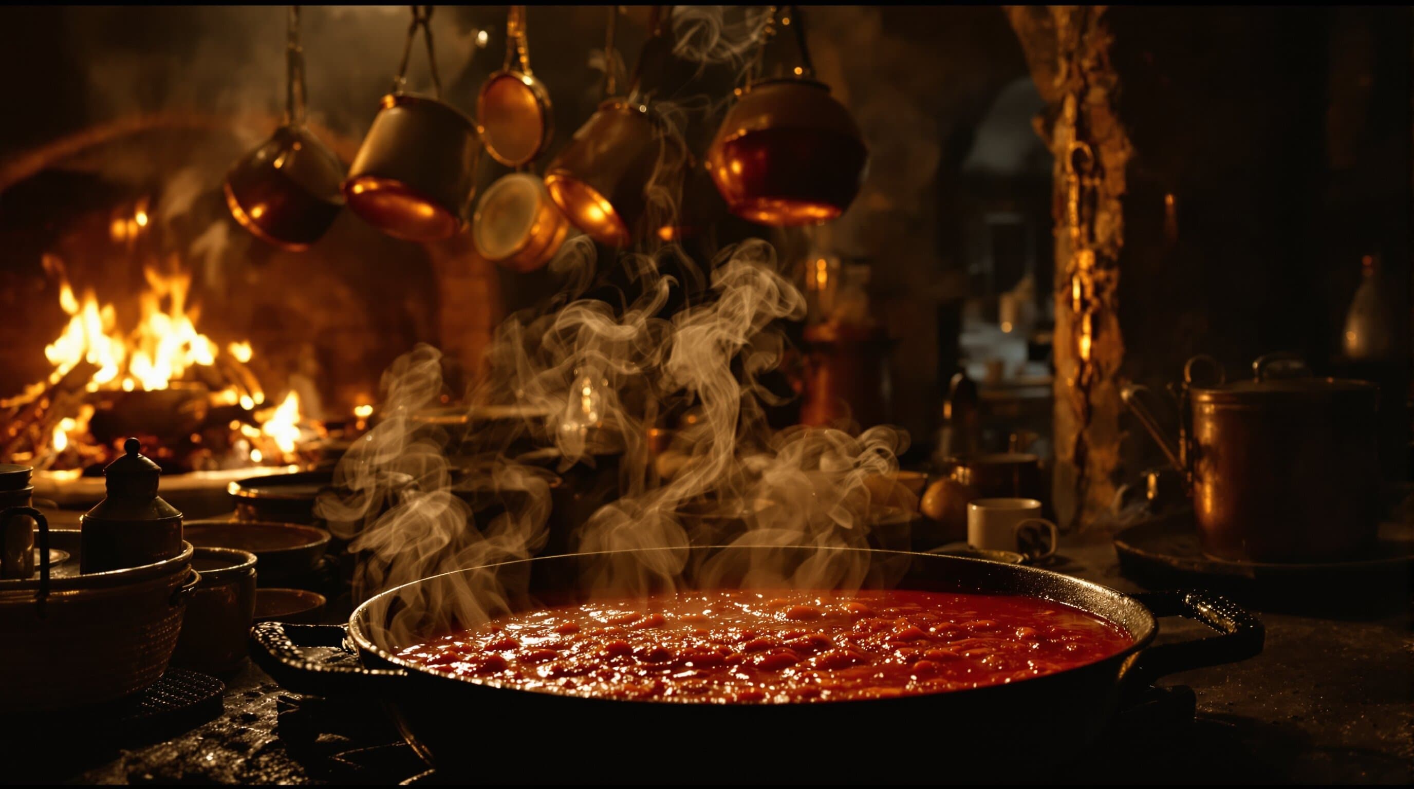 A cast-iron pan of bubbling crimson tomato sauce in a stone trattoria kitchen